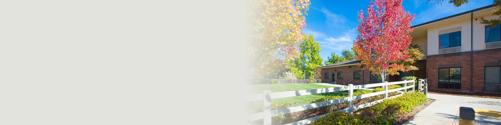 Courtyard outside with bench and chairs amongst fall red, yellow, and greenery